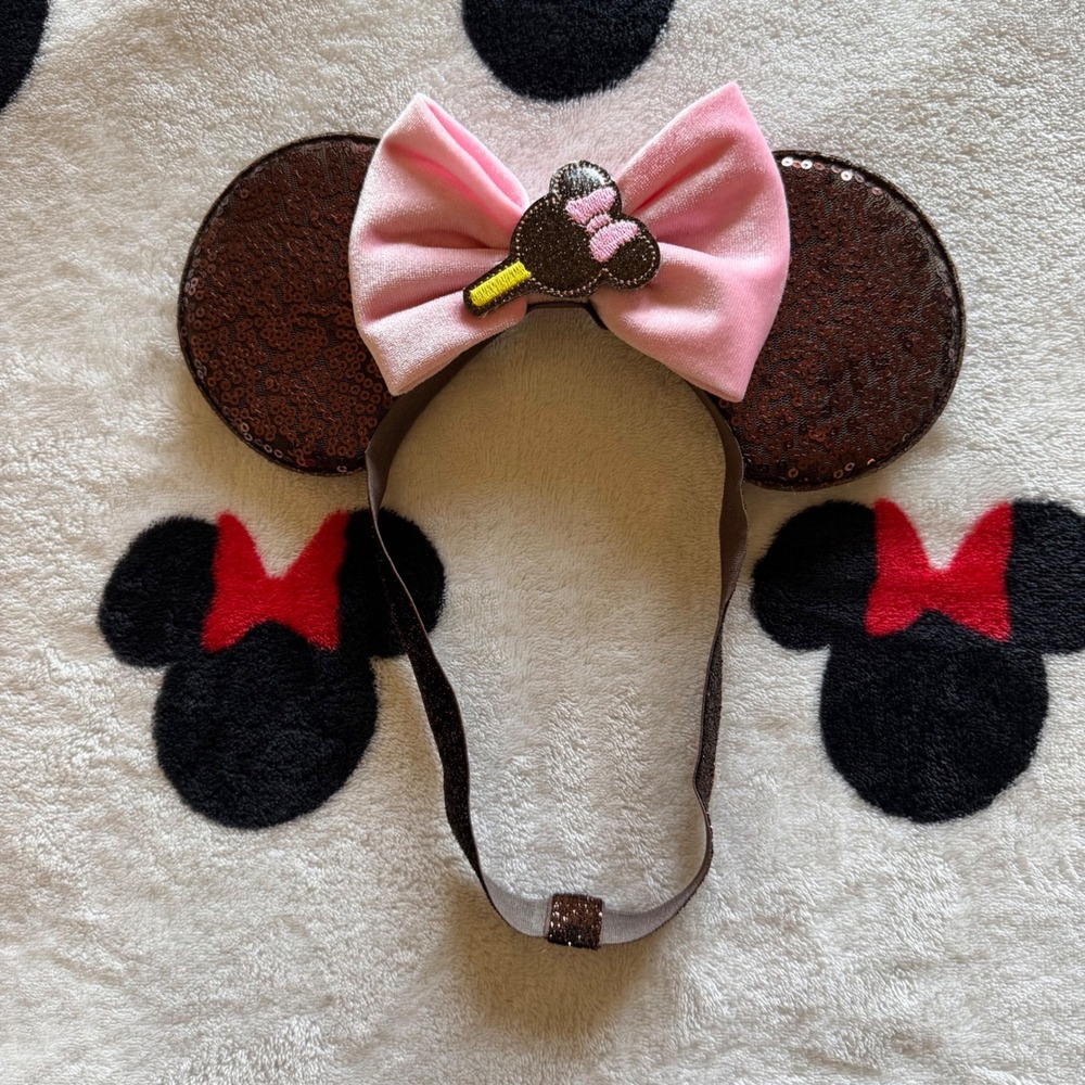 Pink Brown Sequin Mouse Ears Headband Ice Cream Bar Bow Disney Inspired - AC1575